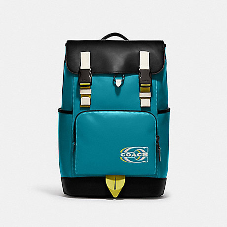 COACH CJ659 Track Backpack In Colorblock With Coach Stamp Black-Copper/Teal-Multi