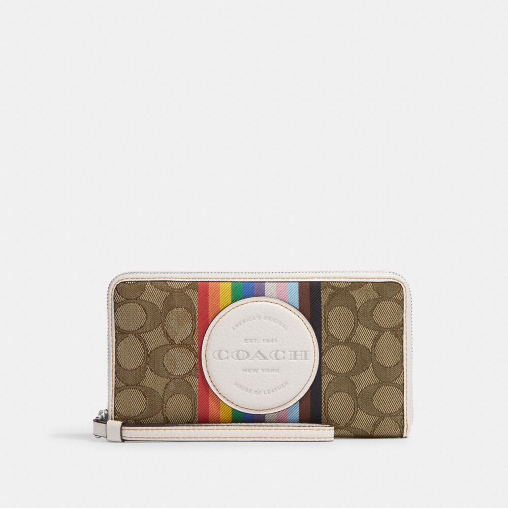 COACH CJ660 Dempsey Large Phone Wallet In Signature Jacquard With Rainbow Stripe And Coach Patch SILVER/KHAKI MULTI