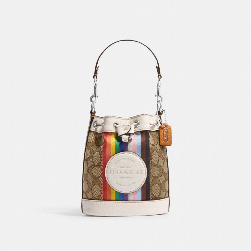 COACH CJ661 Mini Dempsey Bucket Bag In Signature Jacquard With Rainbow Stripe And Coach Patch SILVER/KHAKI MULTI