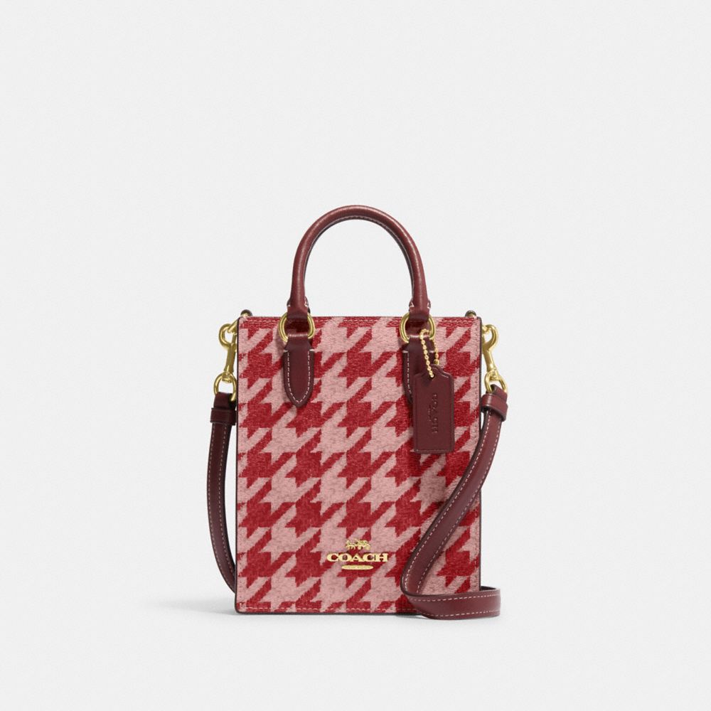 COACH CJ677 North South Mini Tote With Houndstooth Print IM/PINK/RED