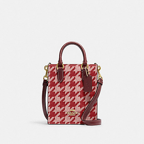 COACH CJ677 North South Mini Tote With Houndstooth Print Im/Pink/Red