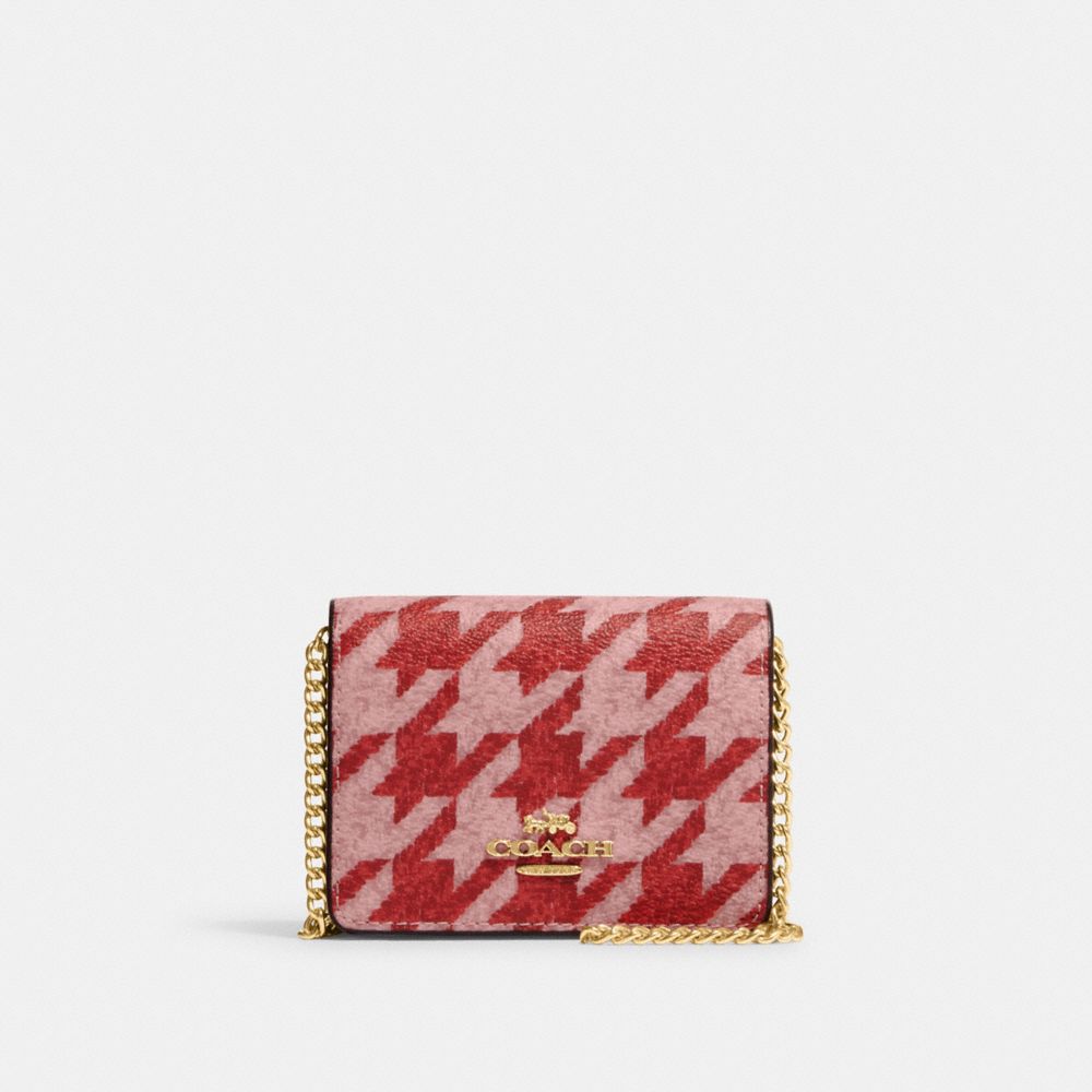 COACH CJ679 Mini Wallet On A Chain With Houndstooth Print IM/PINK/RED