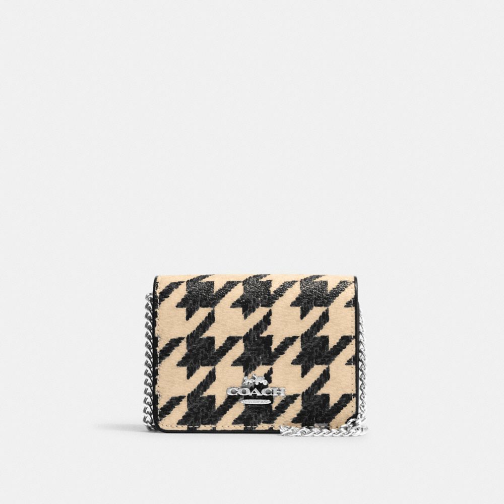 COACH CJ679 Mini Wallet On A Chain With Houndstooth Print Silver/Cream/Black