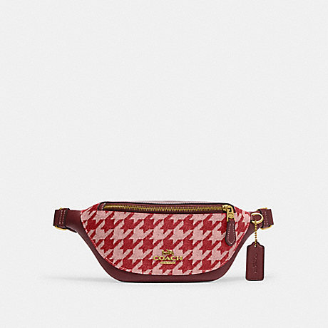 COACH CJ711 Warren Mini Belt Bag With Houndstooth Print Brass/Pink/Red