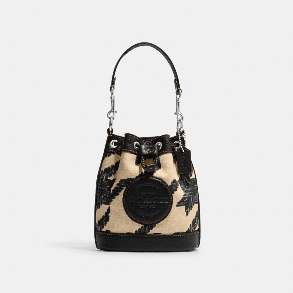 COACH CJ719 Mini Dempsey Bucket Bag With Houndstooth Print And Patch Silver/Cream/Black