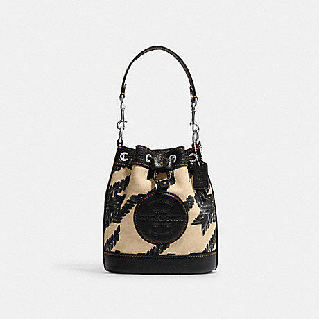 COACH CJ719 Mini Dempsey Bucket Bag With Houndstooth Print And Patch Silver/Cream/Black