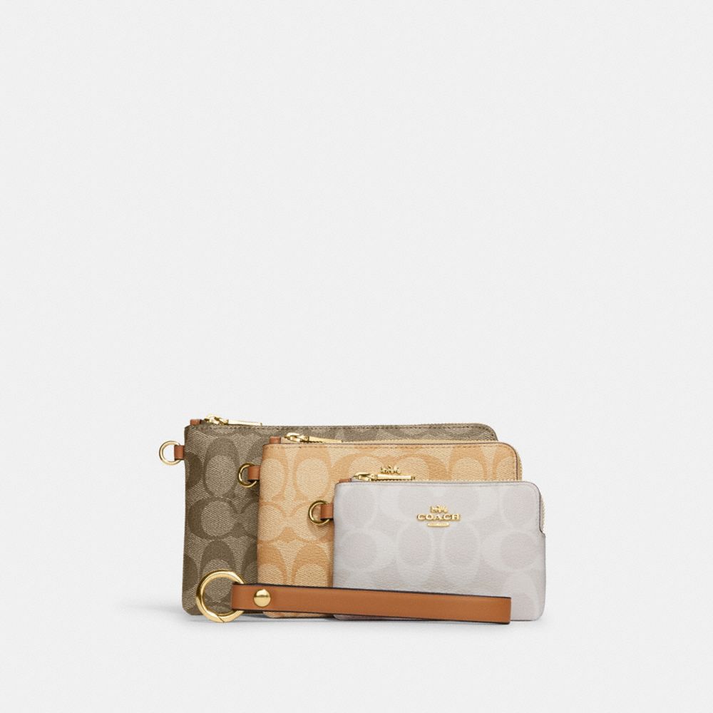 Corner Zip Trio In Signature Canvas - CJ721 - Gold/Khaki Multi