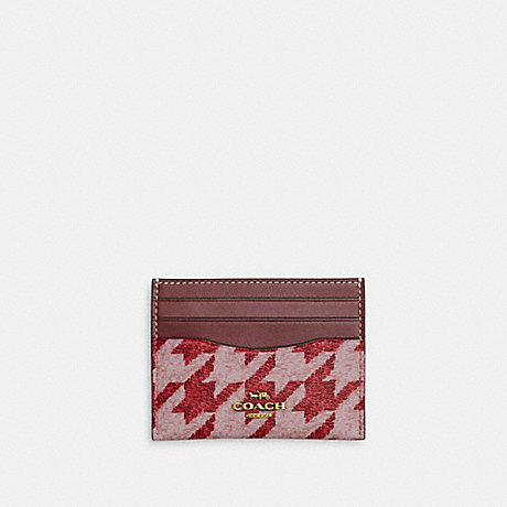 COACH CJ722 Slim Id Card Case With Houndstooth Print Brass/Pink/Red