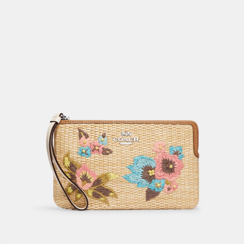 COACH CJ725 Large Corner Zip Wristlet With Floral Embroidery Silver/Natural Multi