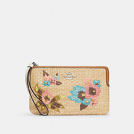 COACH CJ725 Large Corner Zip Wristlet With Floral Embroidery Silver/Natural-Multi