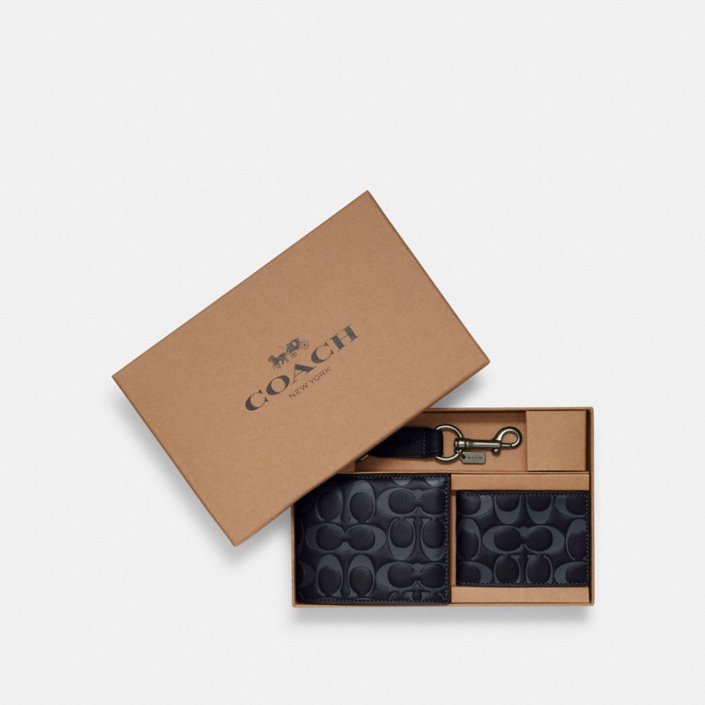 Boxed 3 In 1 Wallet Gift Set In Signature Leather - CJ737 - Black Antique Nickel/Midnight Navy/Denim