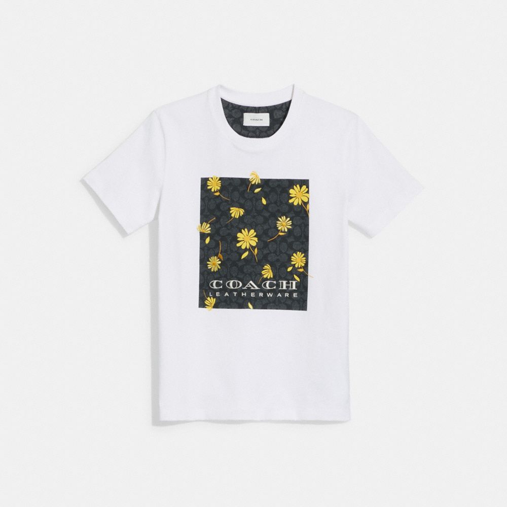 COACH CJ738 Signature Floral T Shirt In Organic Cotton White/Black Multi