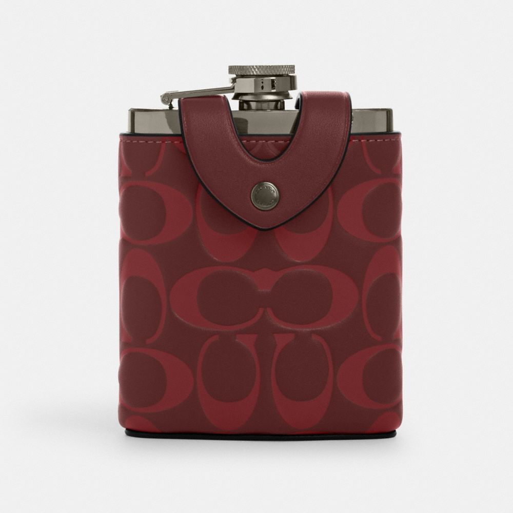 COACH CJ740 Flask In Signature Leather Gunmetal/Wine Multi