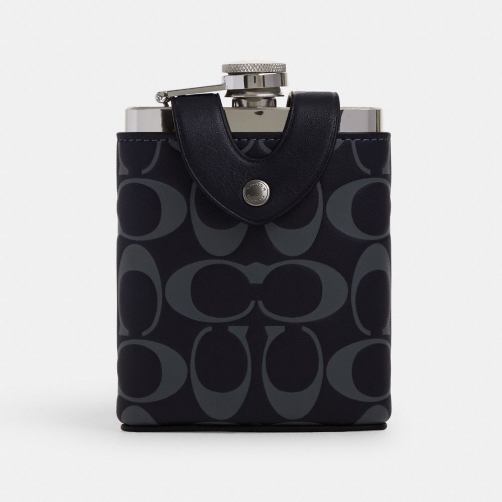 COACH CJ740 Flask In Signature Leather Black Antique Nickel/Midnight Navy/Denim