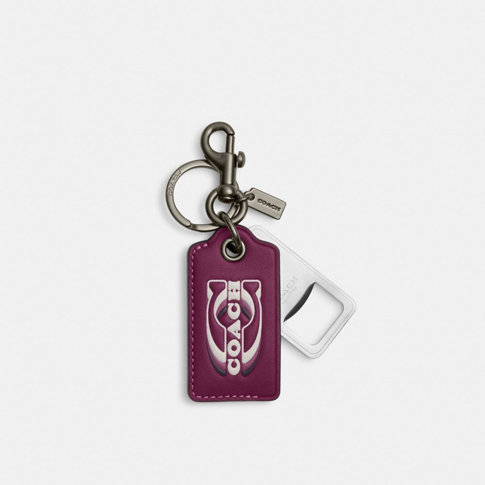 COACH CJ743 Bottle Opener Key Fob With Coach Stamp BLACK ANTIQUE NICKEL/DEEP BERRY MULTI