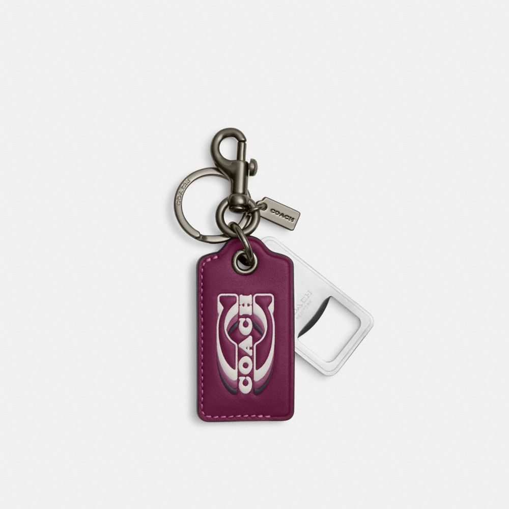 COACH CJ743 Bottle Opener Key Fob With Coach Stamp Black Antique Nickel/Deep Berry Multi