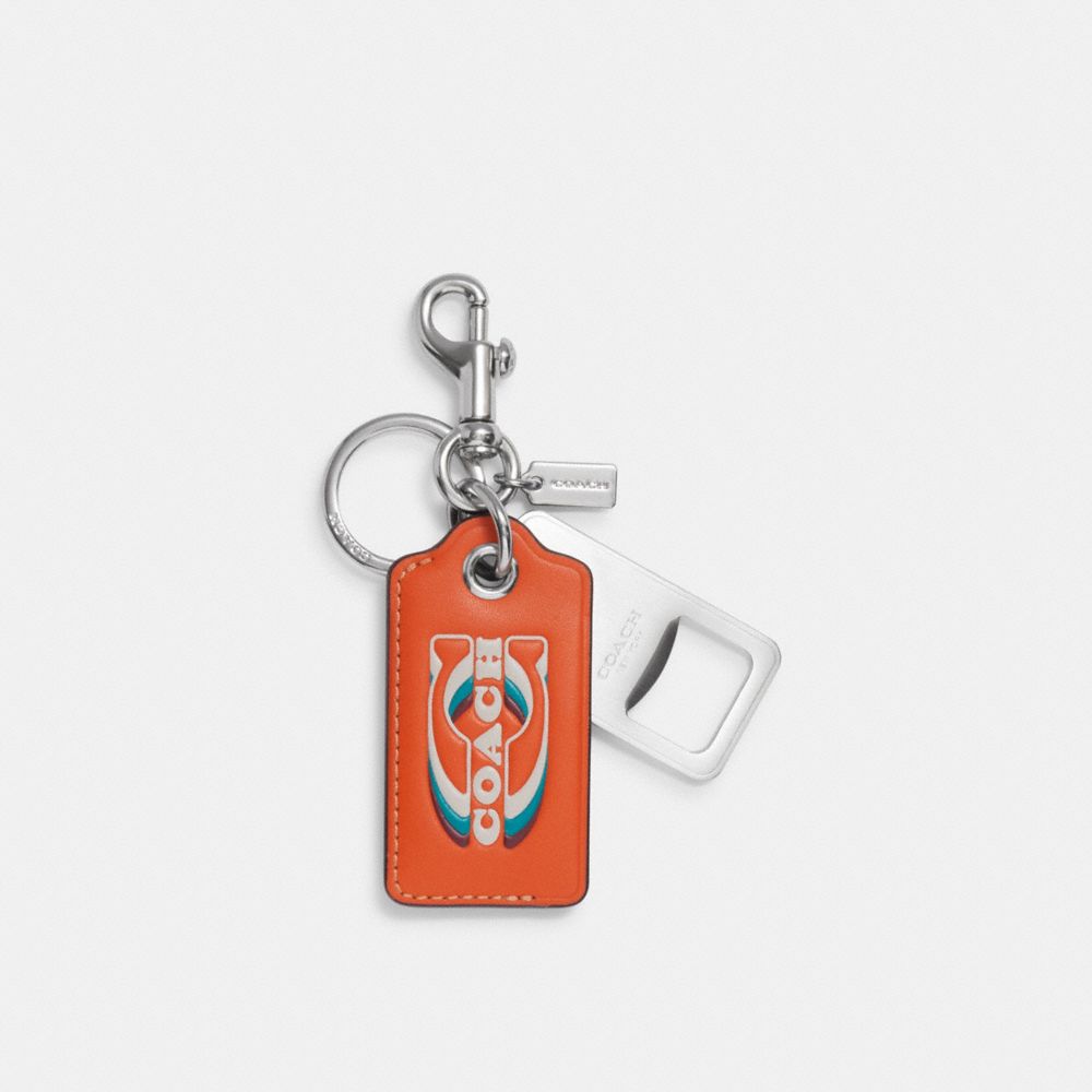 COACH CJ743 Bottle Opener Key Fob With Coach Stamp Silver/Bright Orange Multi