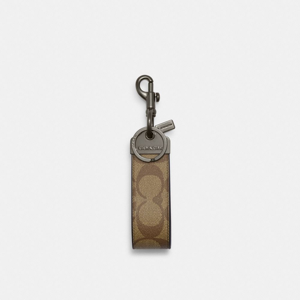 COACH CJ748 Loop Key Fob In Signature Canvas Gunmetal/Khaki