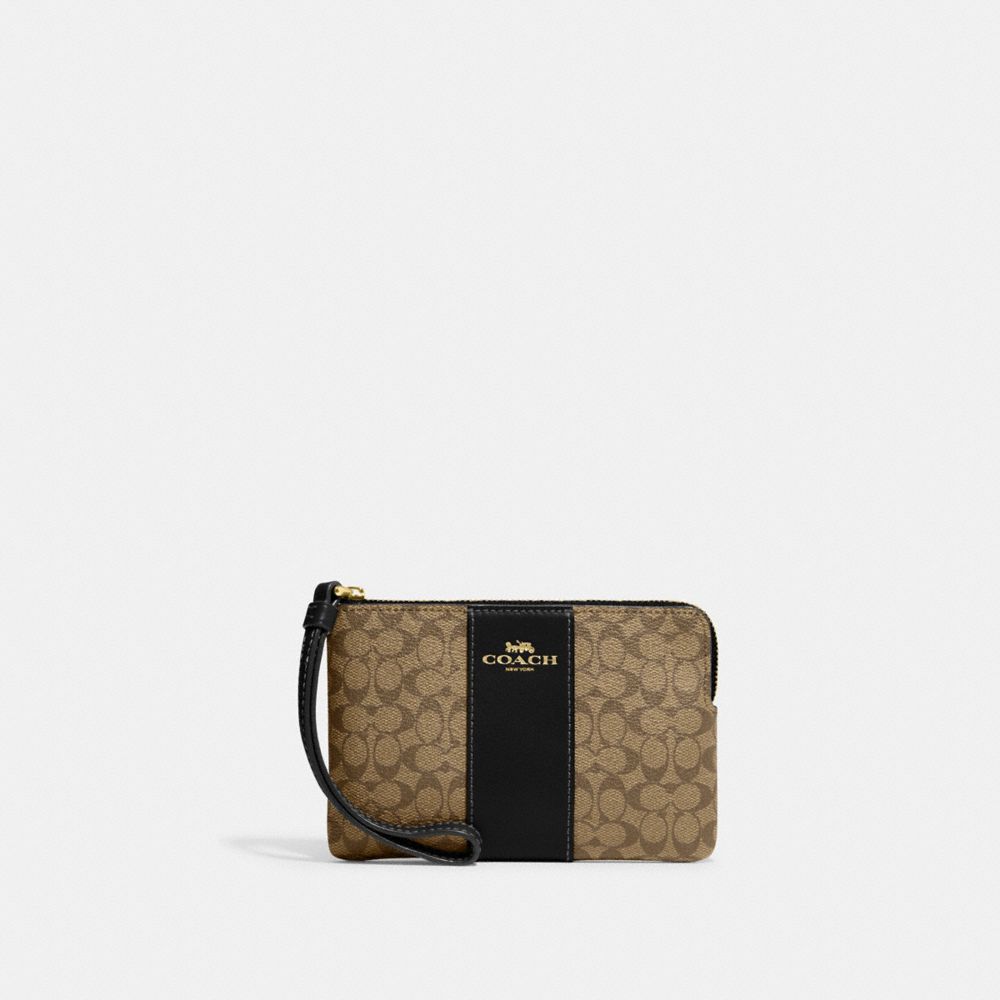 COACH CJ792 Corner Zip Wristlet In Signature Canvas Gold/Khaki/Black