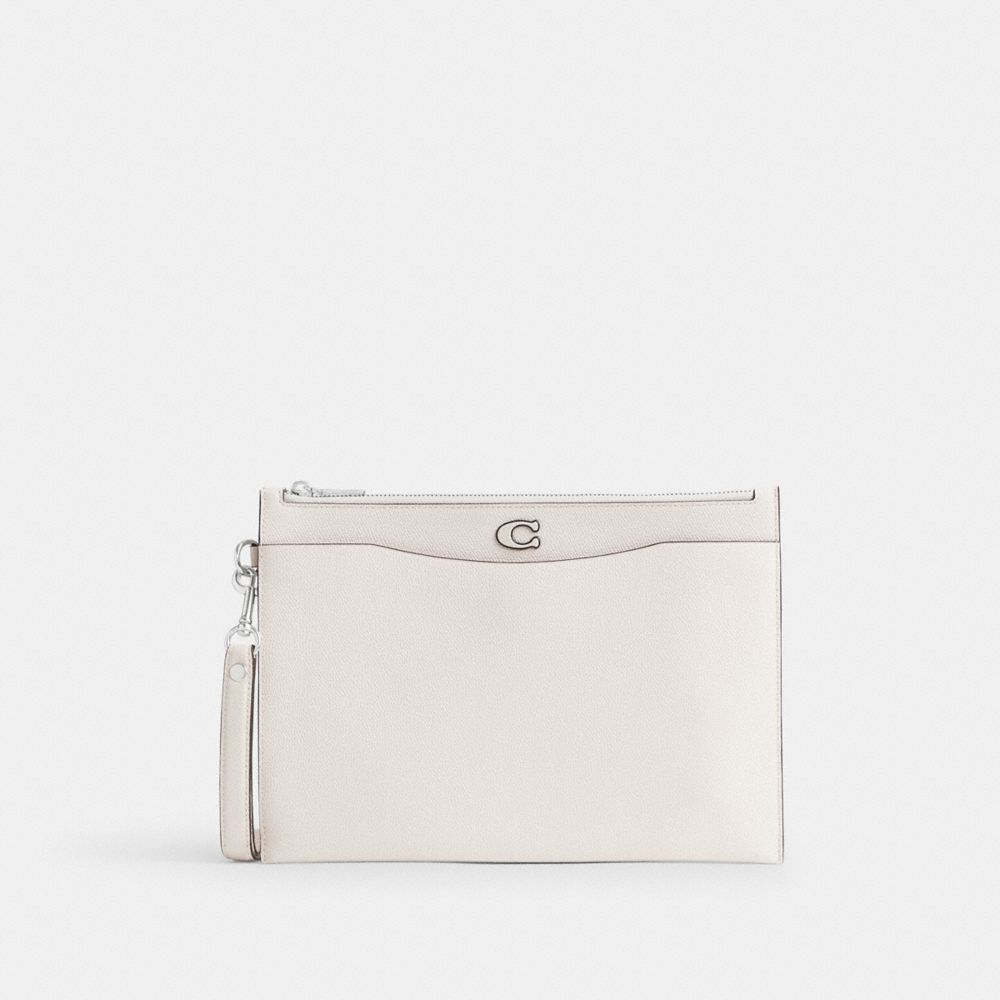 COACH CJ798 Pouch Wristlet In Crossgrain Leather With Signature Canvas Interior Chalk