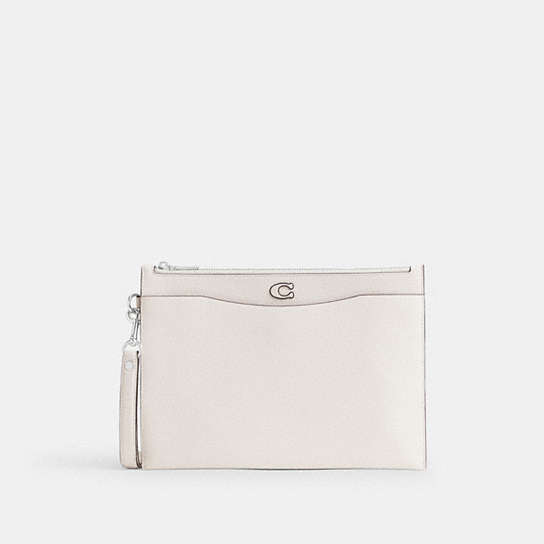 CJ798 - Pouch Wristlet In Crossgrain Leather With Signature Canvas Interior Chalk