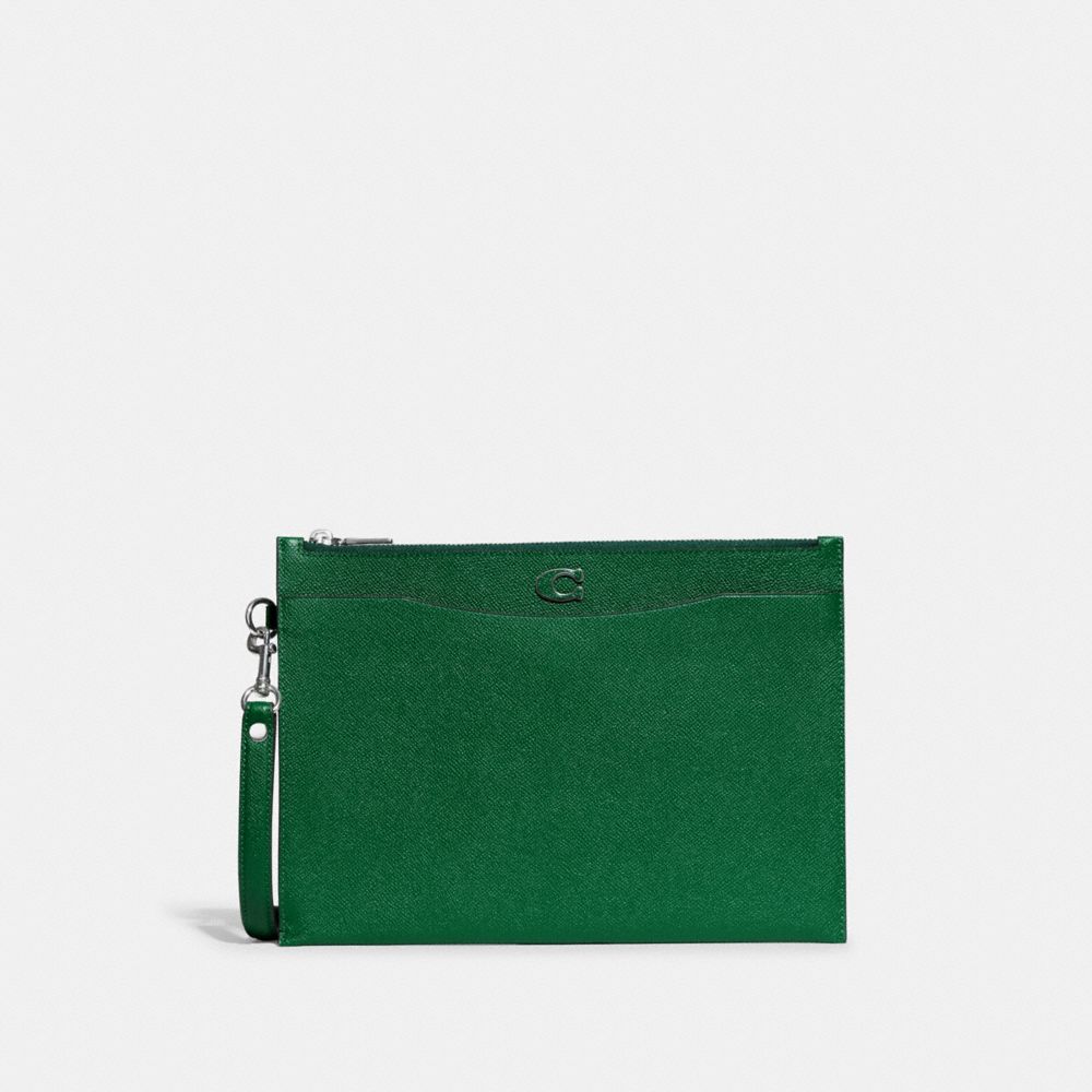 COACH CJ798 Pouch Wristlet In Crossgrain Leather With Signature Canvas Interior Green