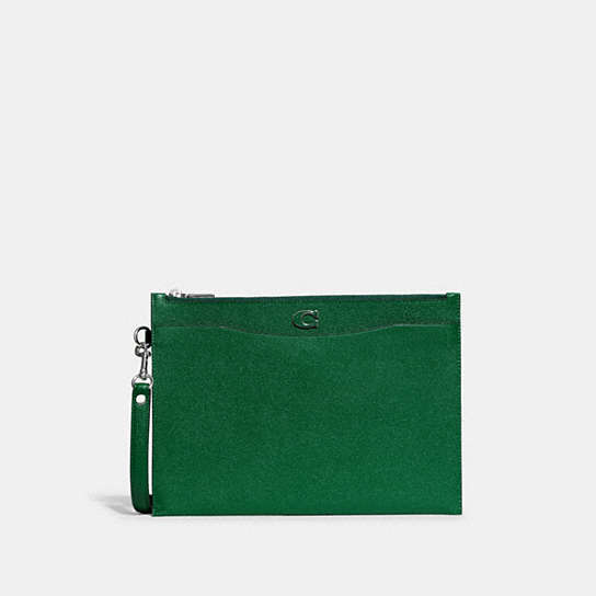 CJ798 - Pouch Wristlet In Crossgrain Leather With Signature Canvas Interior Green