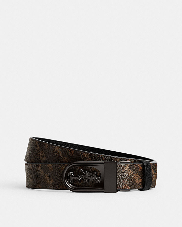 BOXED PLAQUE AND HARNESS BUCKLE CUT-TO-SIZE REVERSIBLE BELT WITH HORSE AND CARRIAGE PRINT, 38MM