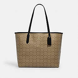 COACH CJ942 City Tote In Signature Canvas GOLD/KHAKI/BLACK