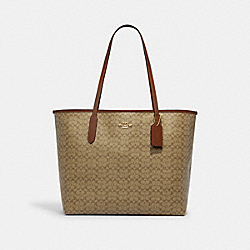 COACH CJ942 City Tote In Signature Canvas GOLD/KHAKI SADDLE 2