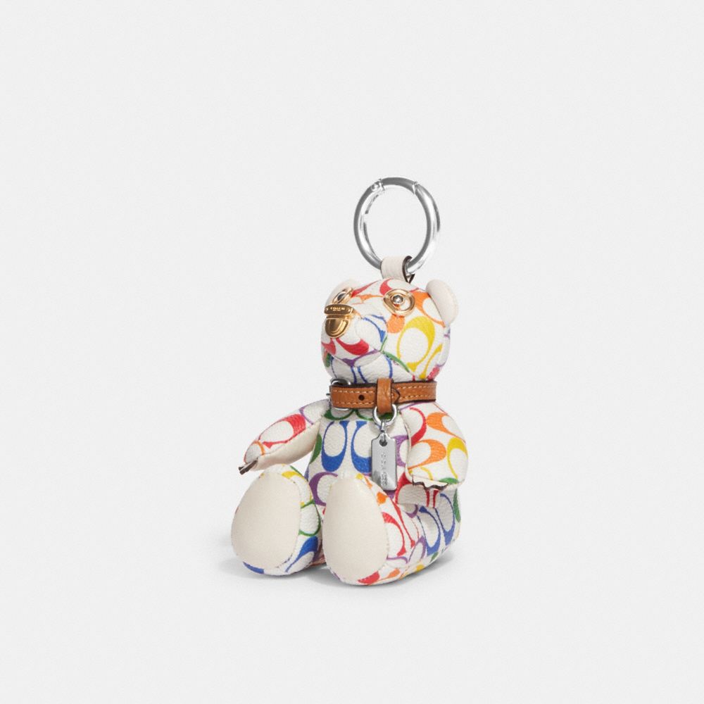 Bear Bag Charm In Rainbow Signature Canvas - CJ953 - Silver/Chalk Multi