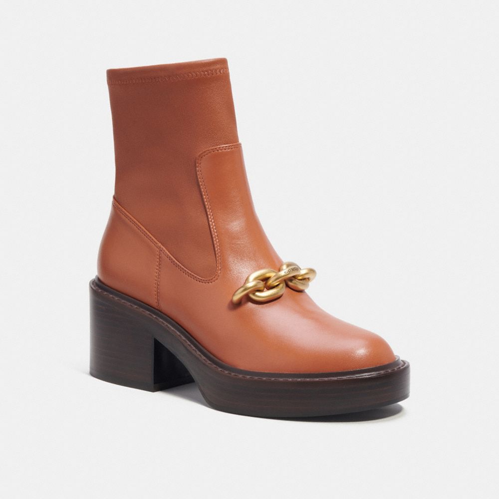 COACH&reg;,Kenna Bootie,Lining Leather,Leather,Rubber,Bootie,Chain Detail,Gold Metal,Casual,Burnished Amber