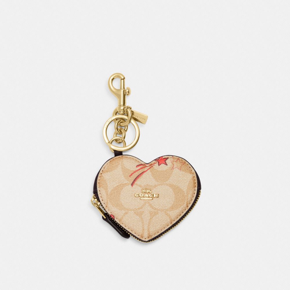 COACH CK071 Heart Pouch Bag Charm In Signature Canvas With Heart And Star Print Gold/Light Khaki Multi