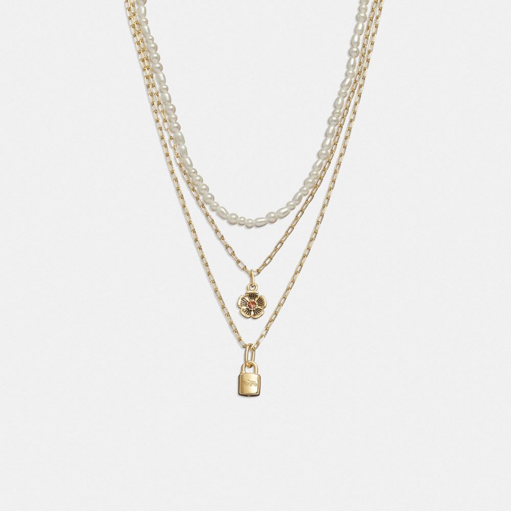 COACH CK110 Tea Rose Pearl Layered Necklace Gold/Pearl