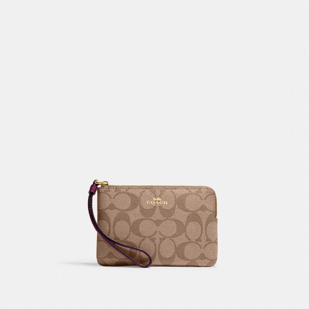 COACH CK358 Corner Zip Wristlet In Signature Canvas Gold/Khaki/Deep Berry