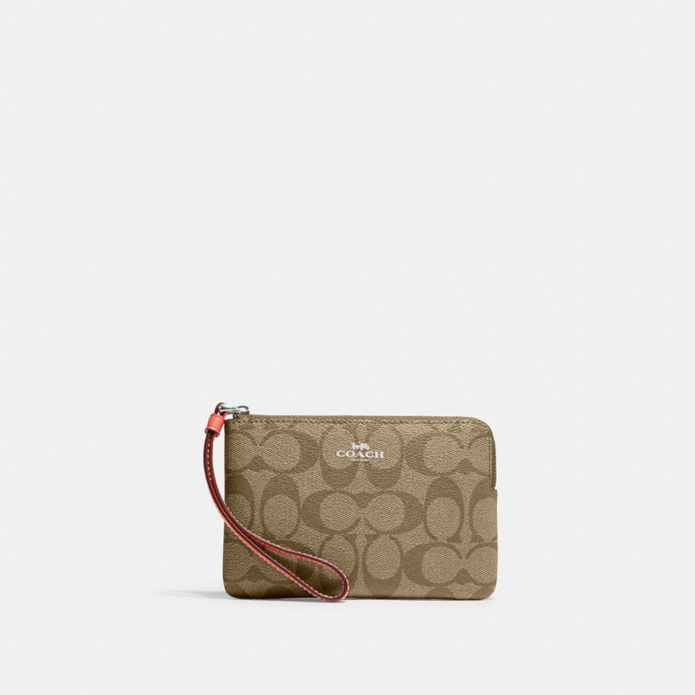 Corner Zip Wristlet In Signature Canvas - CK358 - Silver/Khaki/Tangerine