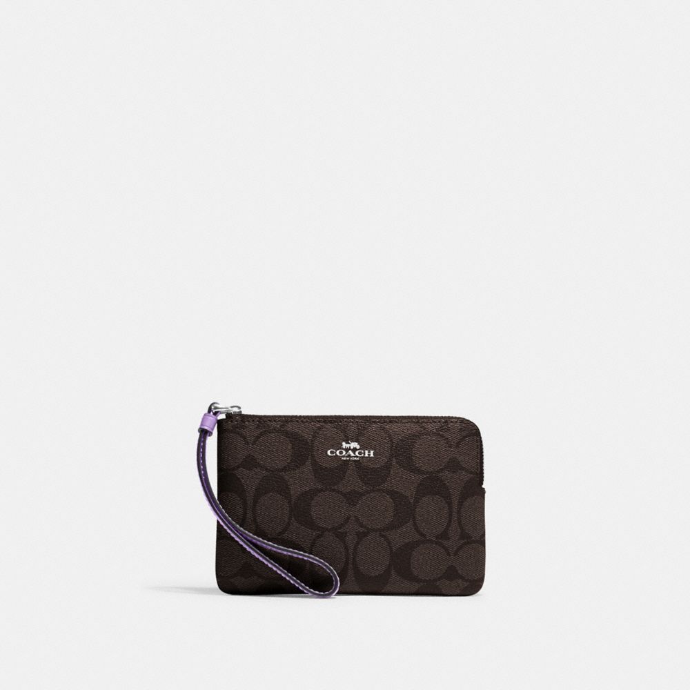 COACH CK358 Corner Zip Wristlet In Signature Canvas SV/BROWN/IRIS