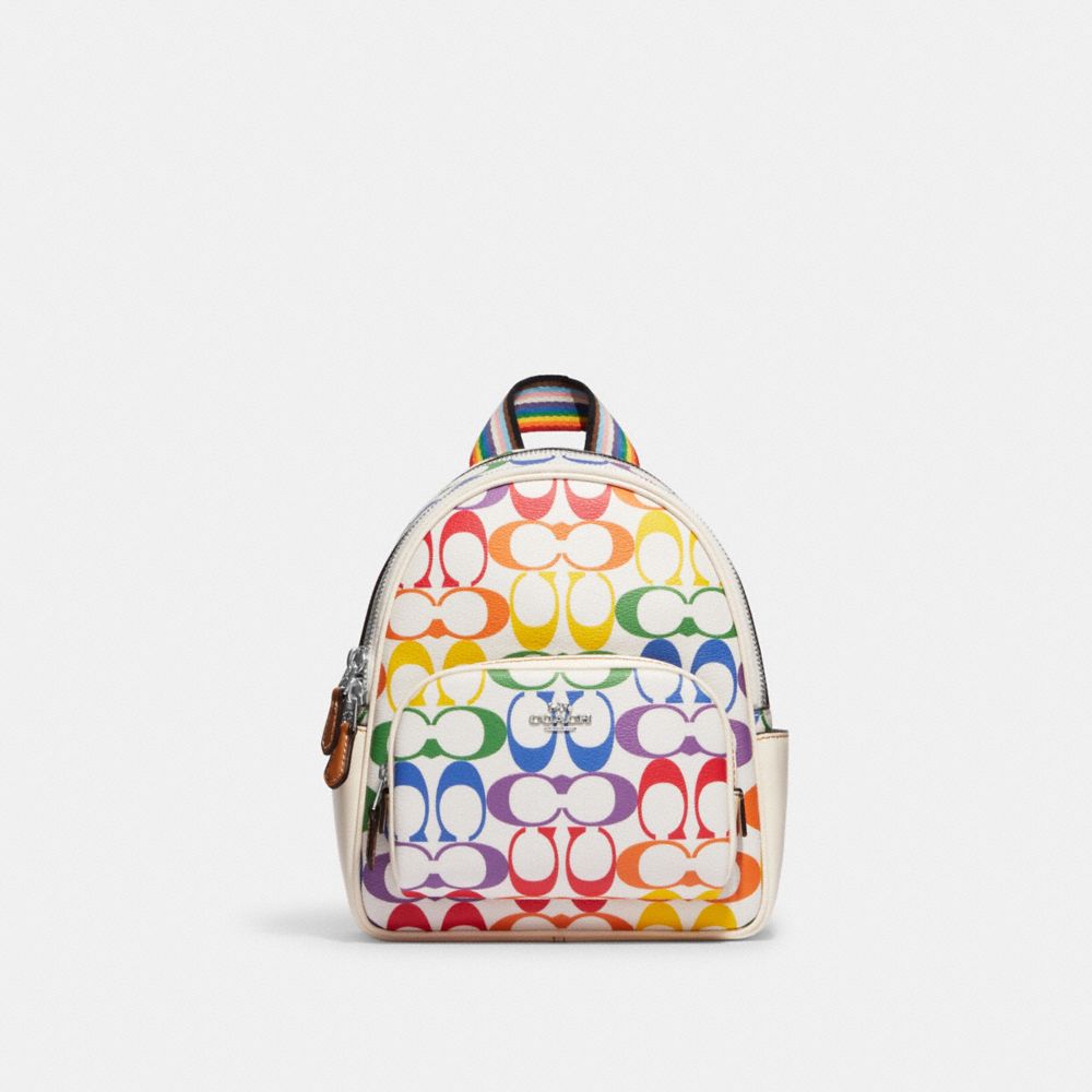 COACH CK377 Mini Court Backpack In Rainbow Signature Canvas Silver/Chalk Multi