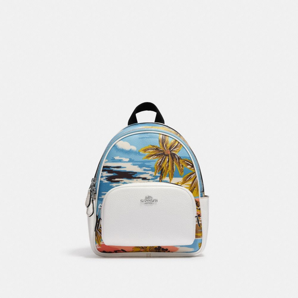 COACH CK378 Mini Court Backpack With Hawaiian Print Silver/Blue Multi