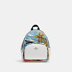 COACH CK378 Mini Court Backpack With Hawaiian Print SILVER/BLUE MULTI