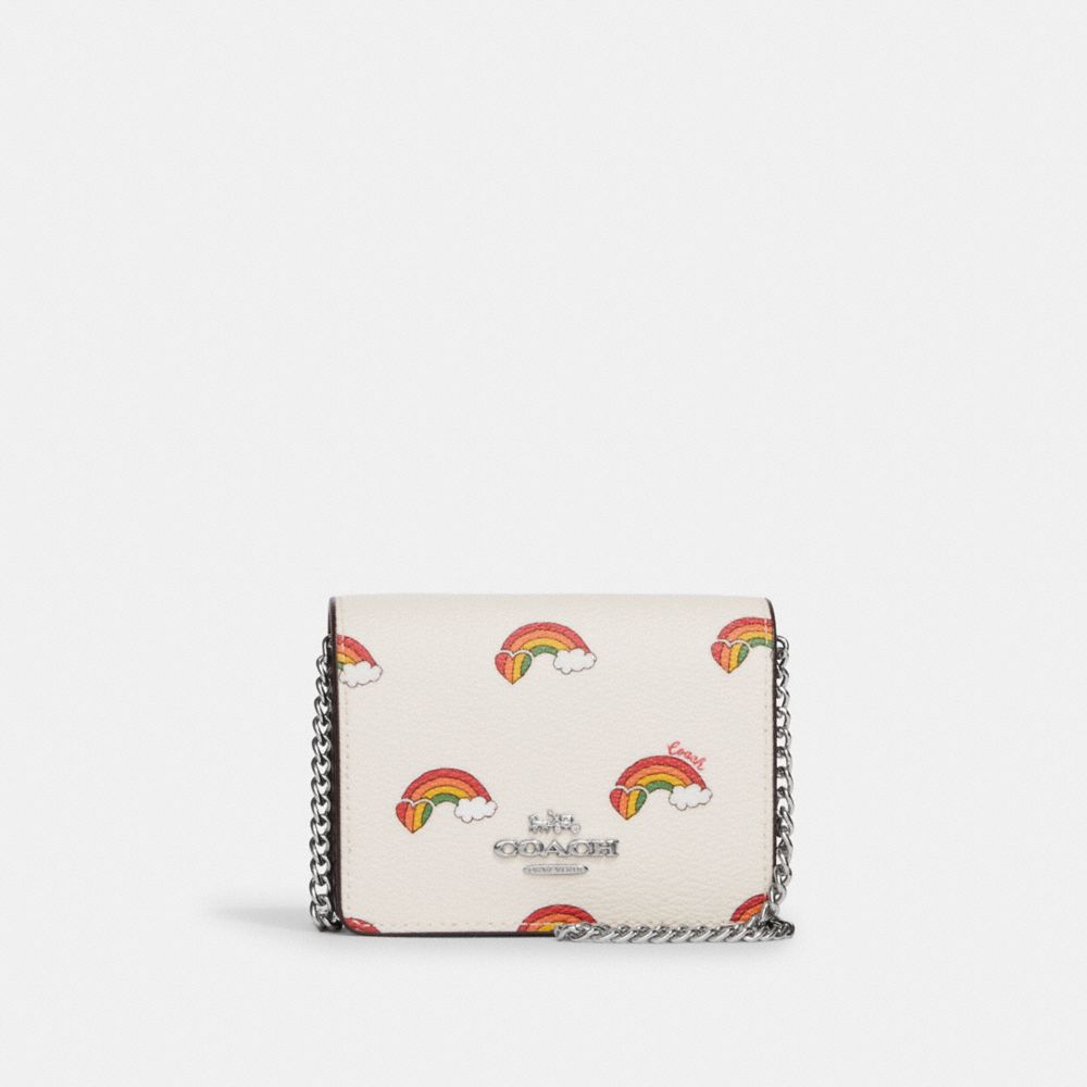 COACH CK391 Mini Wallet On A Chain With Rainbow Print SILVER/CHALK MULTI