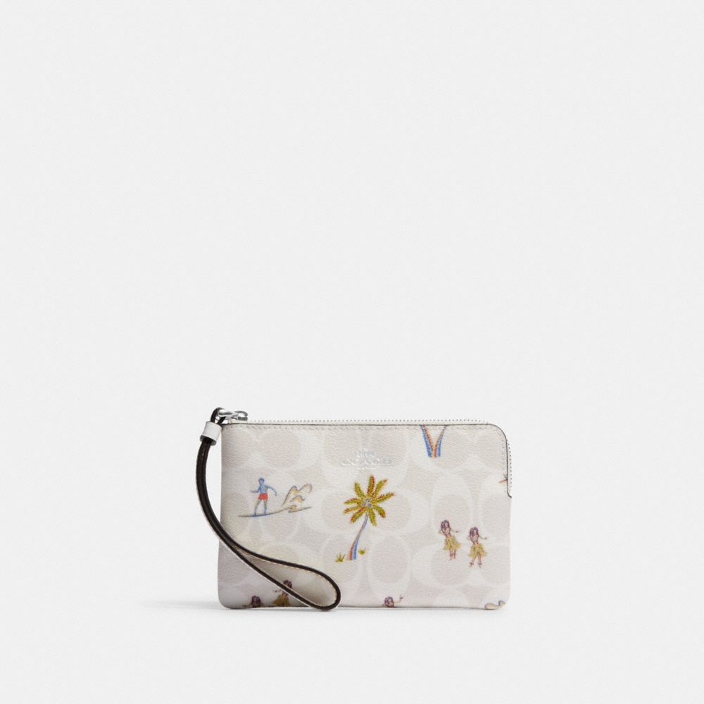 Corner Zip Wristlet In Signature Canvas With Hula Print - CK415 - Silver/Chalk/Glacier White Multi