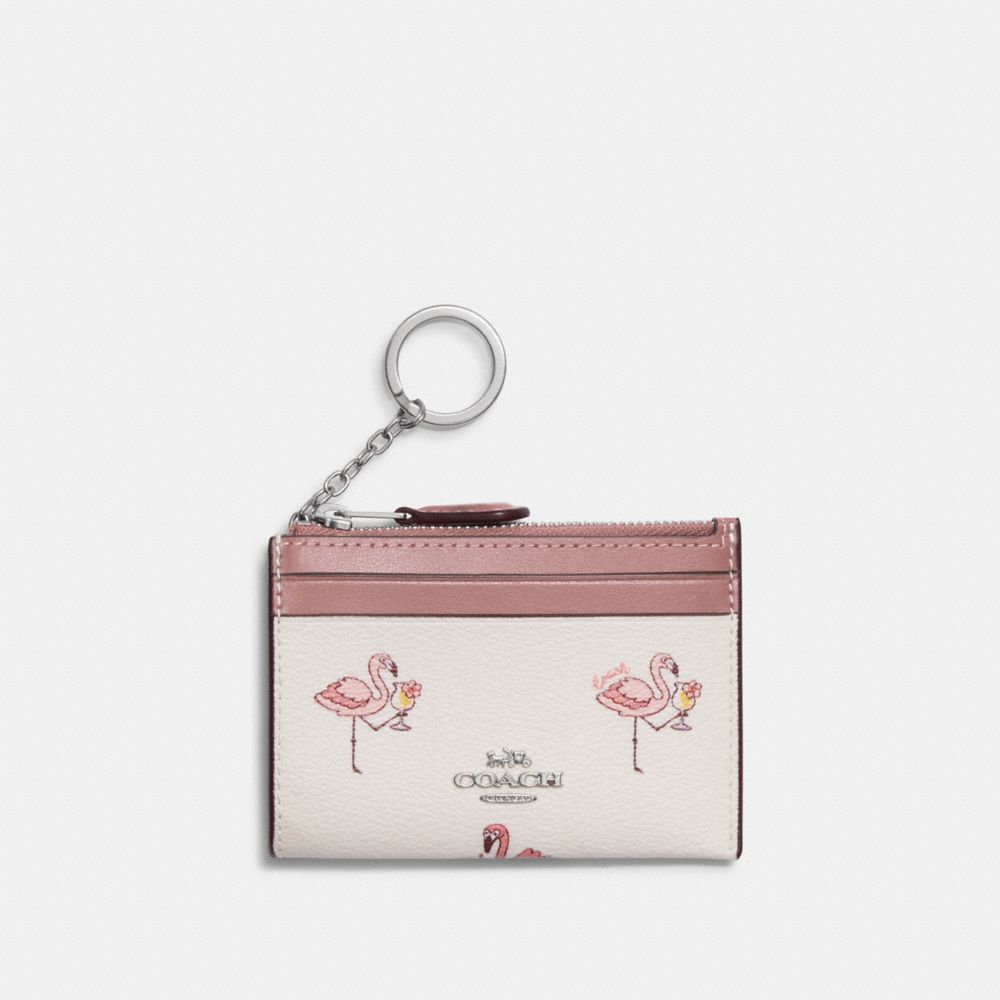 COACH CK421 Mini Skinny Id Case With Flamingo Print SILVER/CHALK/PINK MULTI