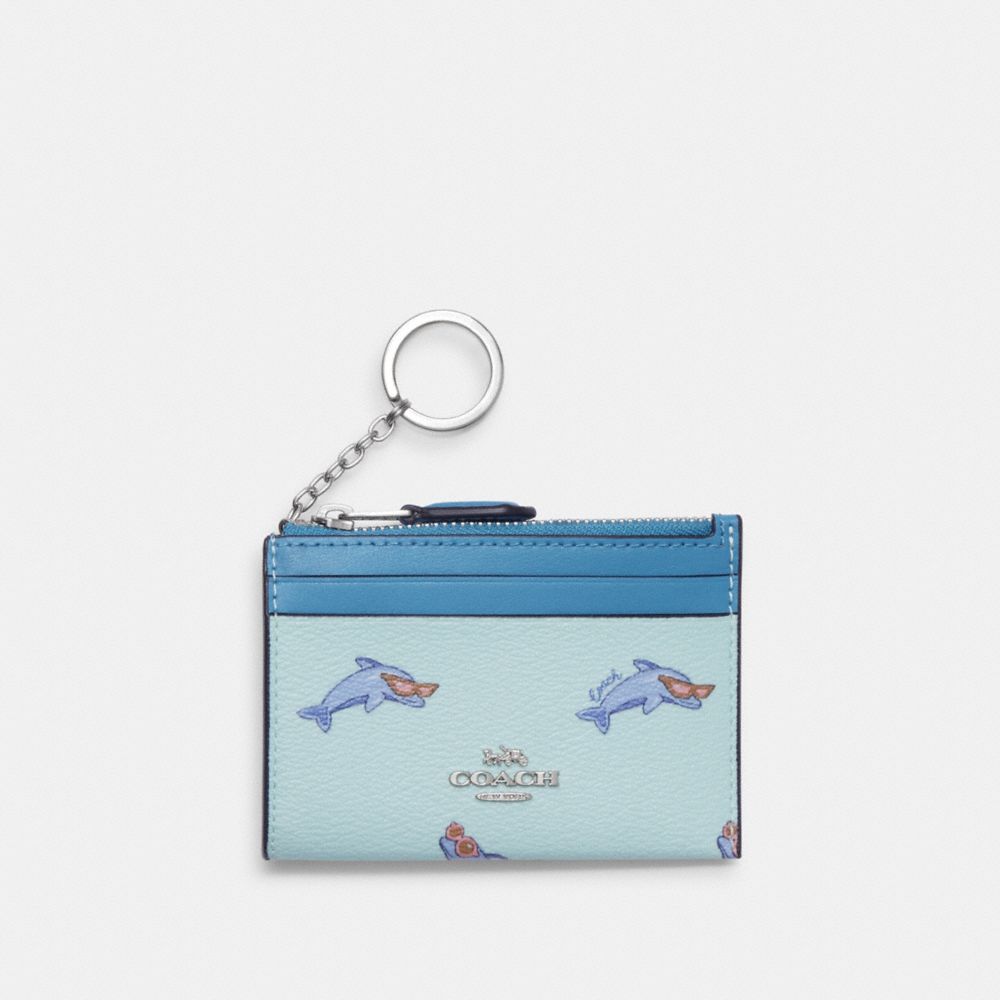 COACH CK422 Mini Skinny Id Case With Dolphin Print SILVER/BLUE MULTI