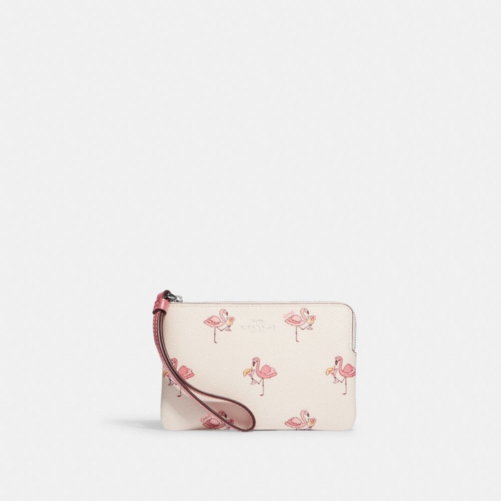 Corner Zip Wristlet With Flamingo Print - CK423 - Silver/Chalk/Pink Multi