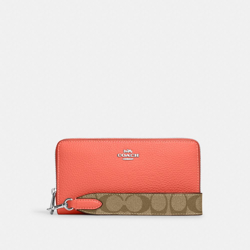 COACH CK427 Long Zip Around Wallet With Signature Canvas SILVER/TANGERINE MULTI