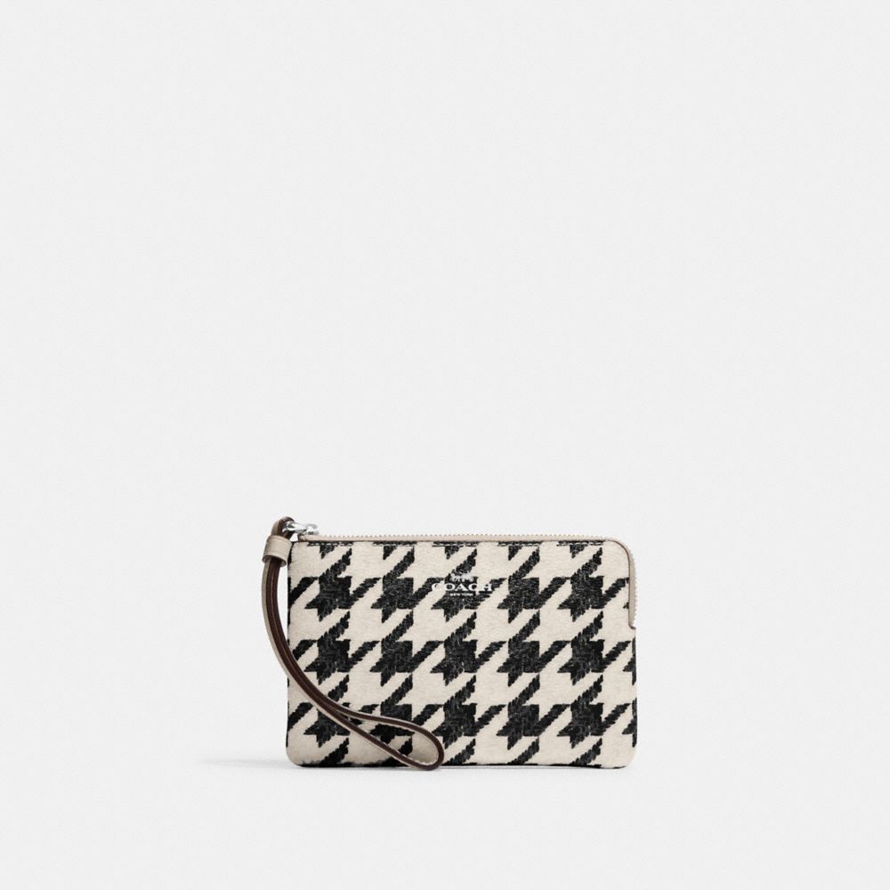 COACH CK431 Corner Zip Wristlet With Houndstooth Print Silver/Cream/Black