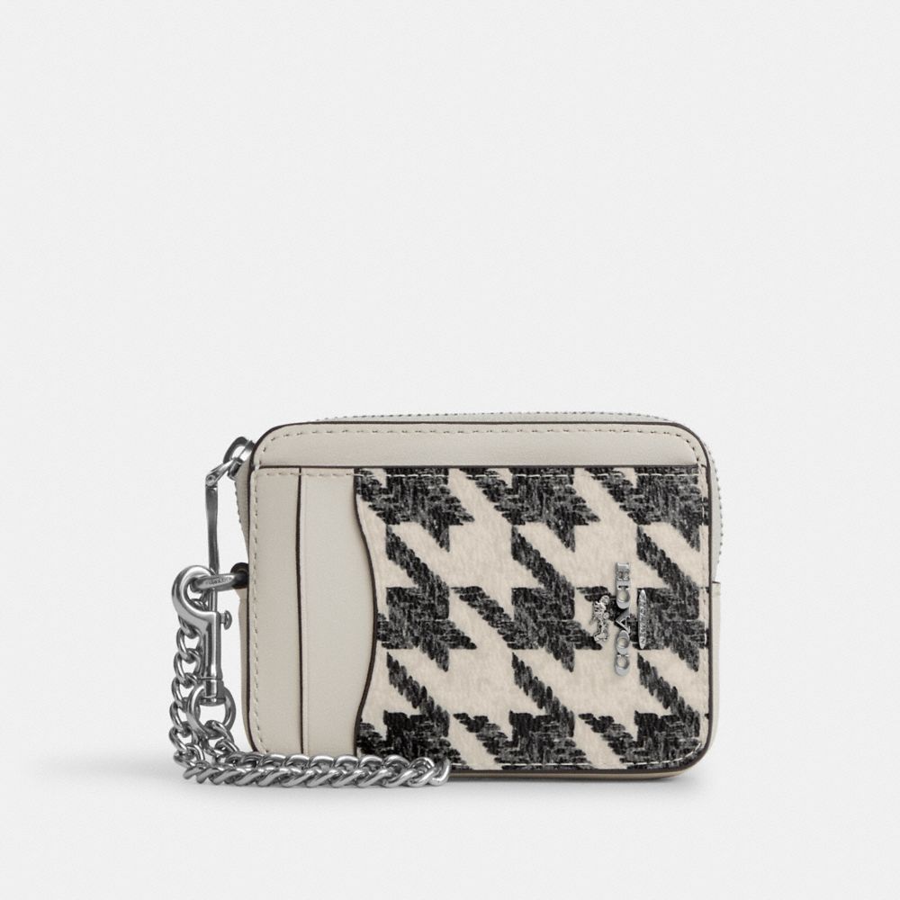 COACH CK442 Zip Card Case With Houndstooth Print Silver/Cream/Black