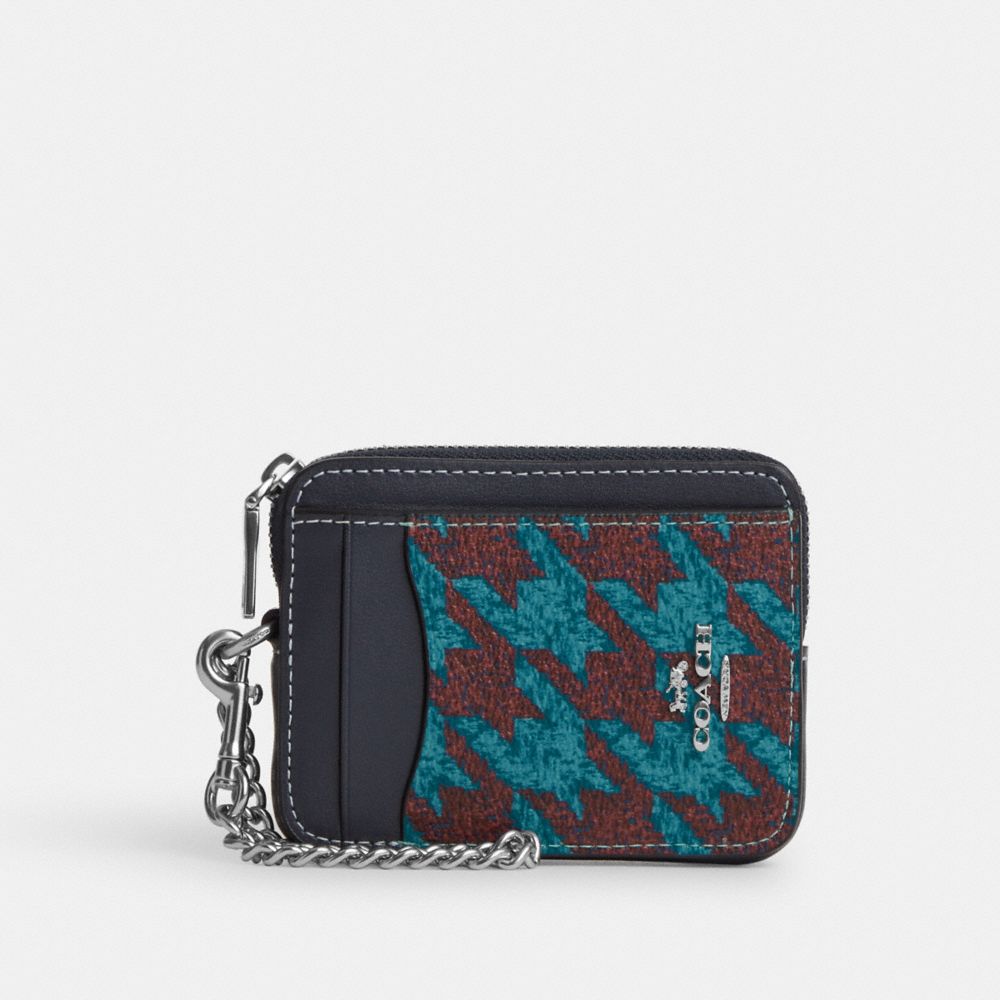 Zip Card Case With Houndstooth Print - CK442 - Silver/Teal/Wine