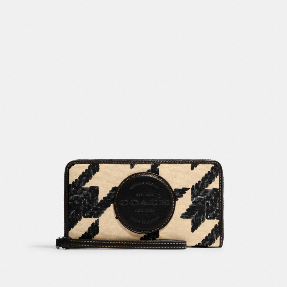 Dempsey Large Phone Wallet With Houndstooth Print And Patch - CK443 - Silver/Cream/Black